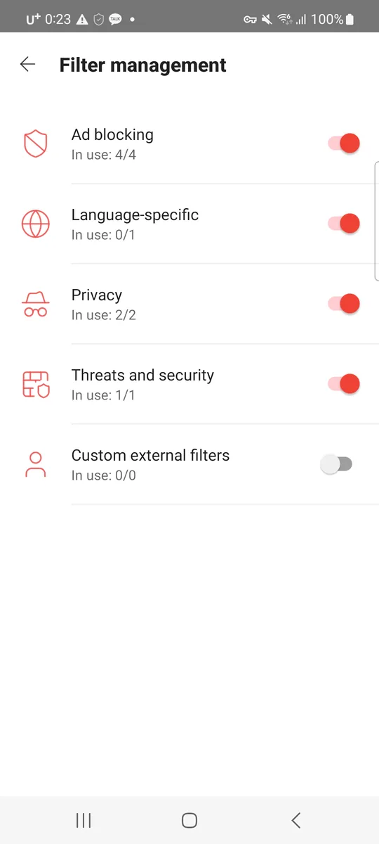 Sweep for Android, gestión de filtros con interruptores para Bloqueo de anuncios, Filtros por idioma, Privacidad y Amenazas y seguridad