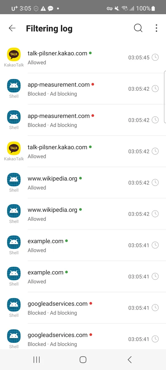 Sweep for Android, registro de filtrado con dominios permitidos y bloqueados, el icono y el nombre de la aplicación que consultó cada uno